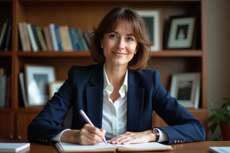 Femme confiante en bureau avec livres et photos