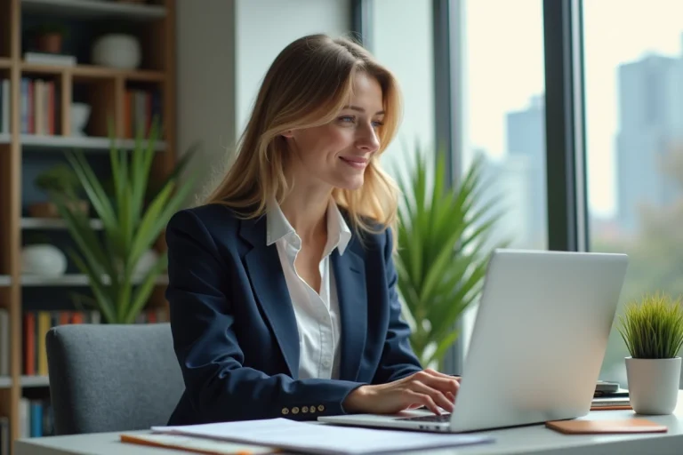 Femme confiante dans un bureau moderne avec ordinateur et livres
