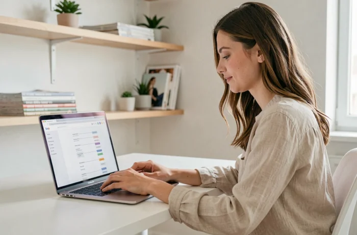 Jeune femme consultant la page sitemap d'un site de mode sur un ordinateur portable dans un bureau moderne et épuré
