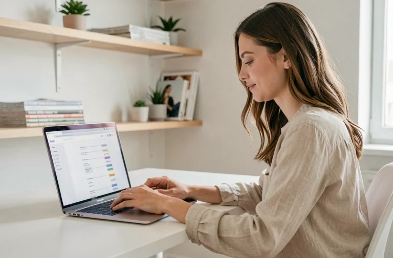 Jeune femme consultant la page sitemap d'un site de mode sur un ordinateur portable dans un bureau moderne et épuré