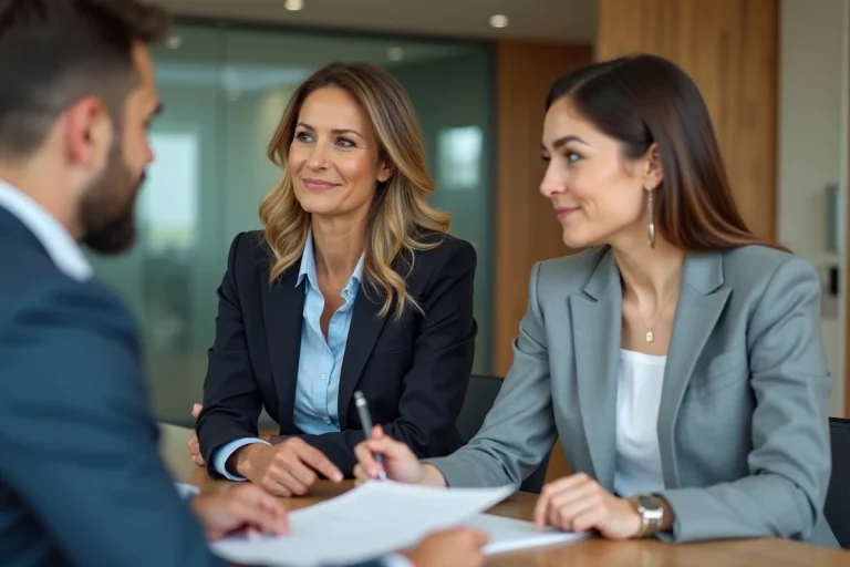 Femme discutant documents avec agent d'assurance