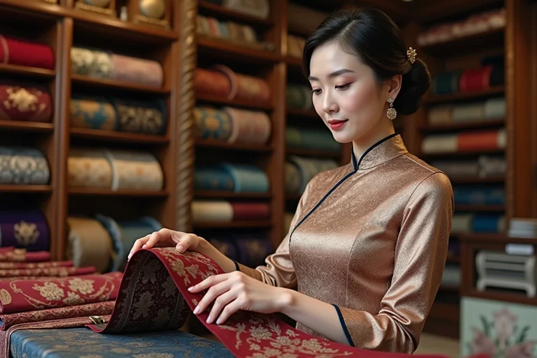 Femme élégante en cheongsam examinant un brocart à Paris