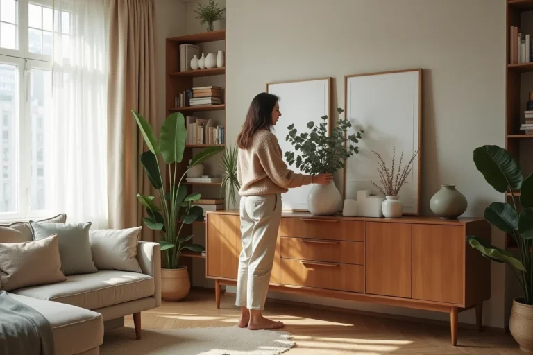 Femme élégante arrangeant un vase d eucalyptus dans un salon cosy
