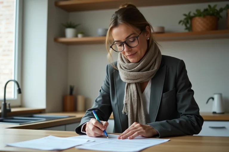 Femme d'âge moyen remplissant des formulaires dans une cuisine