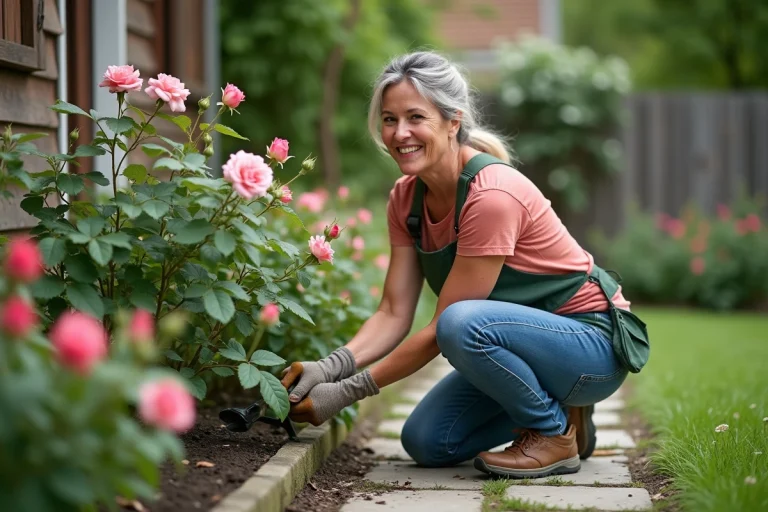 Femme en jardinage prune un rosier dense