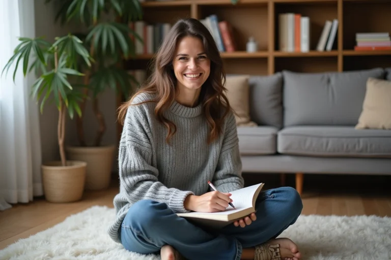Femme souriante écrivant dans un journal dans un salon cosy