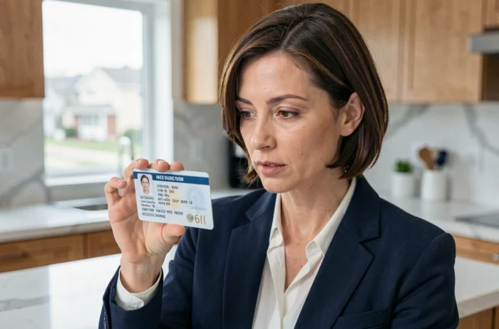 Femme examinant attentivement son permis de conduire dans une cuisine moderne, illustrant la lecture des informations sur un permis