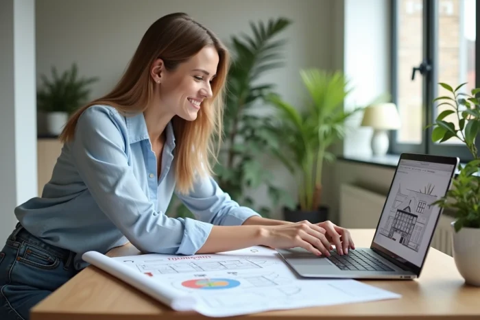 Jeune femme au laptop regardant plans de maison modernes