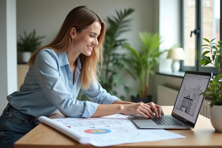 Jeune femme au laptop regardant plans de maison modernes