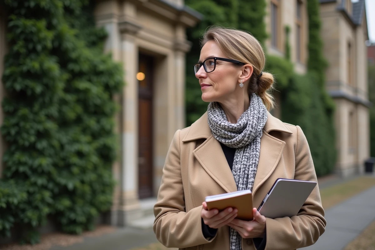 Femme professionnelle devant bâtiment en pierre et verdure