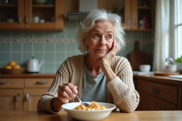 Femme réfléchissant à son petit déjeuner maison avec Budwig