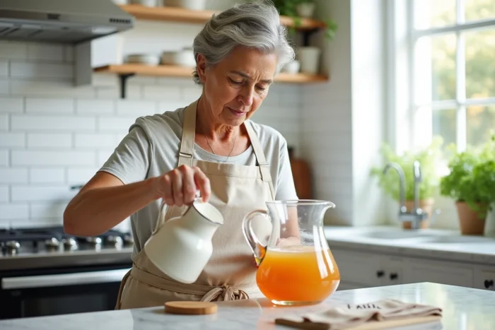 Femme versant du punch maison depuis une carafe en céramique étiquetée dans une cuisine moderne