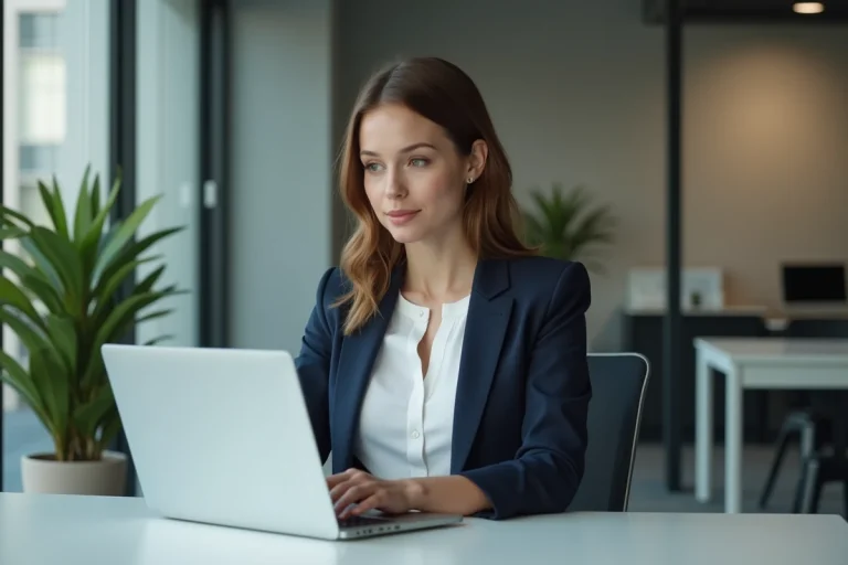 Femme professionnelle au bureau travaillant sur un ordinateur portable