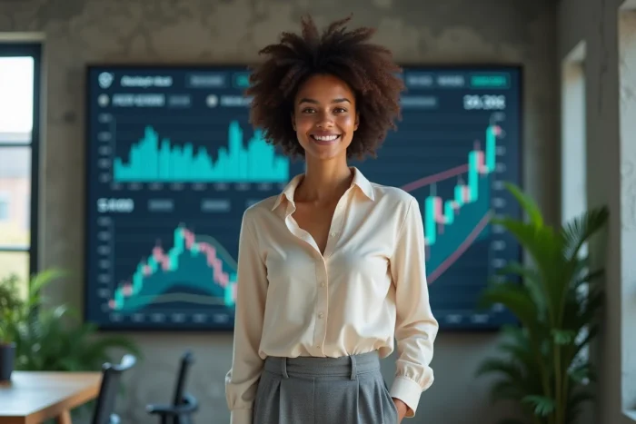Femme professionnelle devant un écran affichant des données boursières dans un bureau financier contemporain