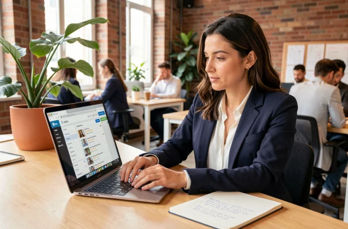 Femme consultant des offres d'emploi dans l'animation sur un site spécialisé depuis un espace de coworking moderne