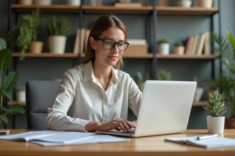 Femme en bureau moderne consulte son CV sur ordinateur