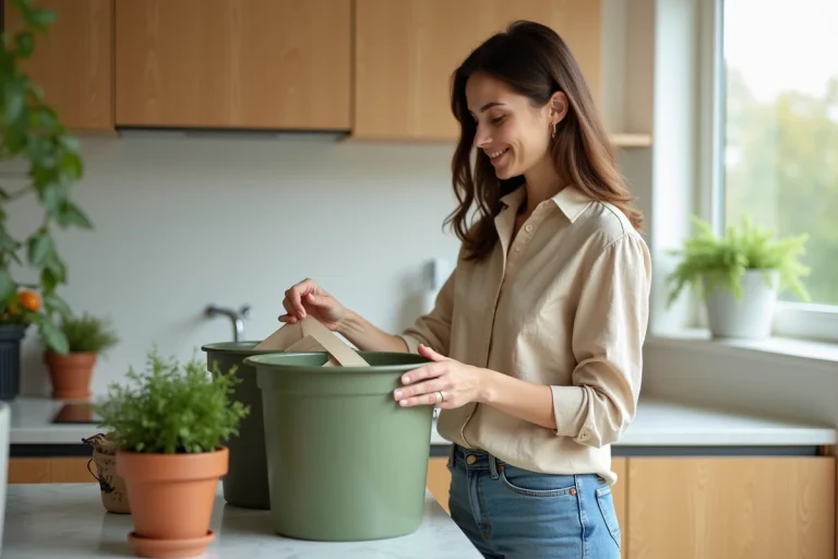 Femme en cuisine triant du papier pour le recyclage