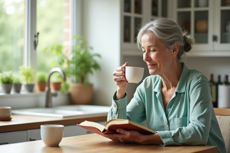 Femme de 65 ans sereine savourant une tisane dans une cuisine lumineuse, illustrant la détente et le bien-être à la retraite