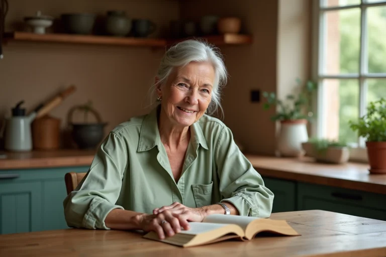 Femme retraitée souriante lisant un livre dans une cuisine de campagne chaleureuse, illustrant une retraite sereine et épanouie