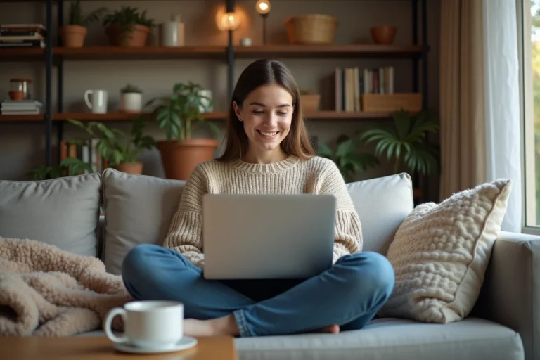 Jeune femme sur canapé regardant des sites de films