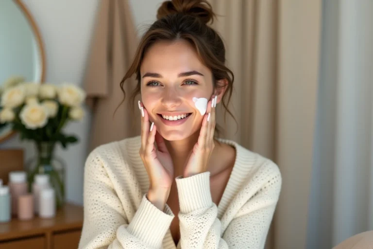 Femme souriante appliquant sa creme visage dans un cadre cosy
