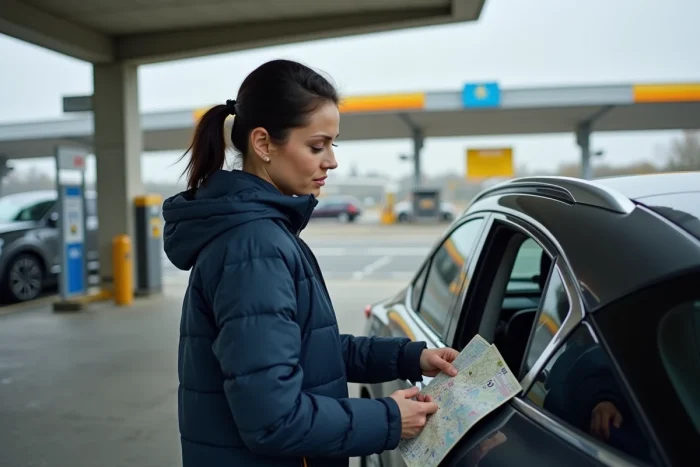 Femme consultant une carte routière à côté de son SUV hybride dans une aire d'autoroute