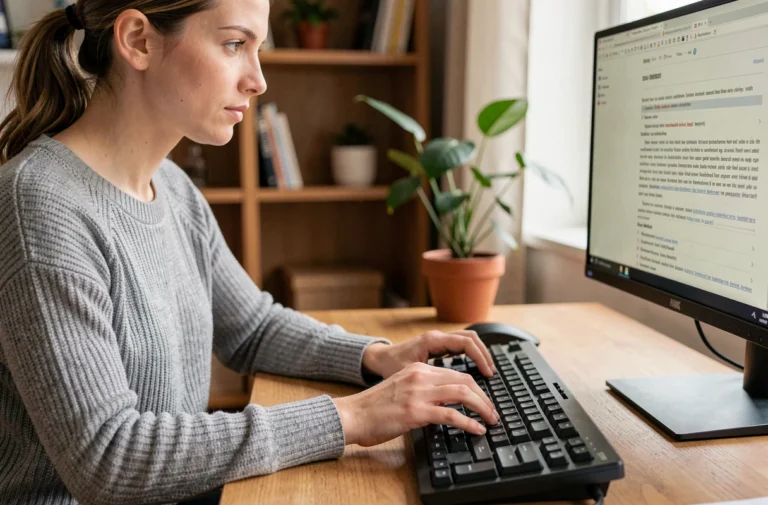 Femme appuyant sur la touche Home d'un clavier AZERTY dans un bureau à domicile moderne