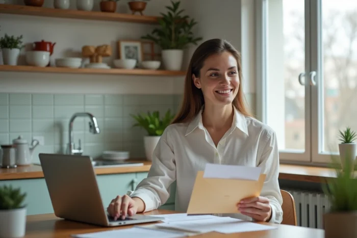 Femme au bureau examinant des documents dans une cuisine lumineuse
