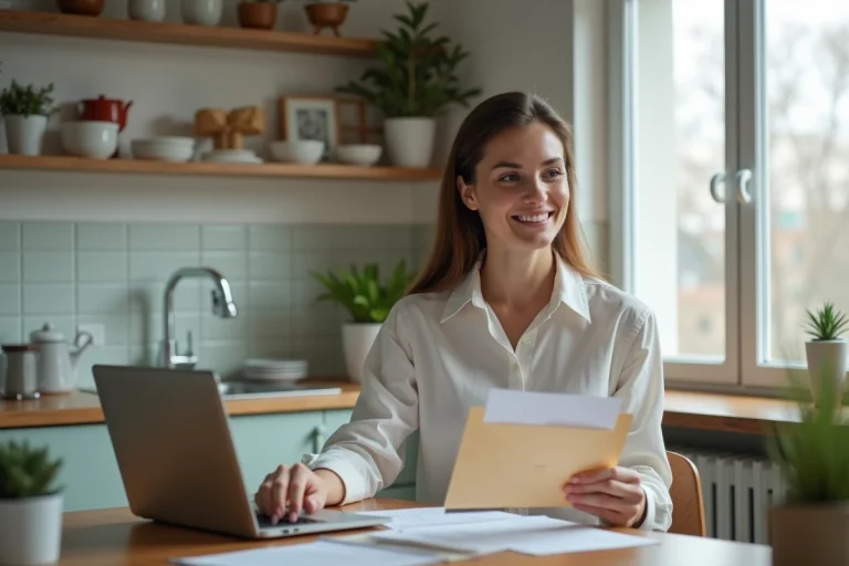 Femme au bureau examinant des documents dans une cuisine lumineuse