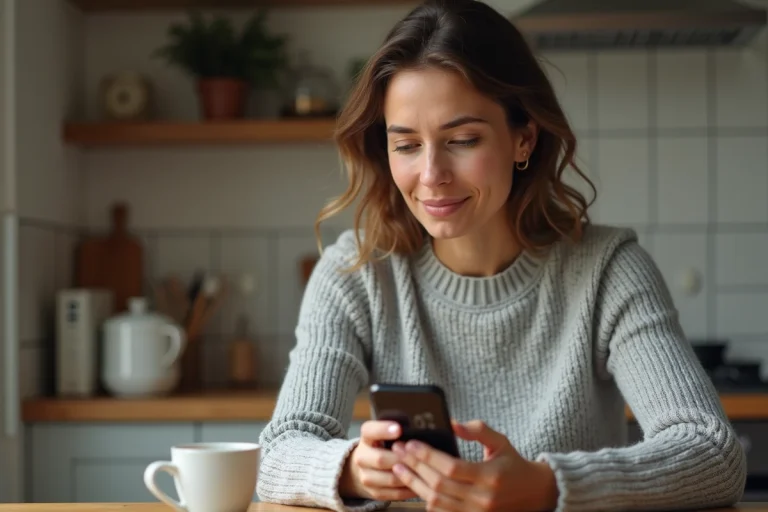 Femme consultant son smartphone pour vérifier si un numéro en 05 est surtaxé