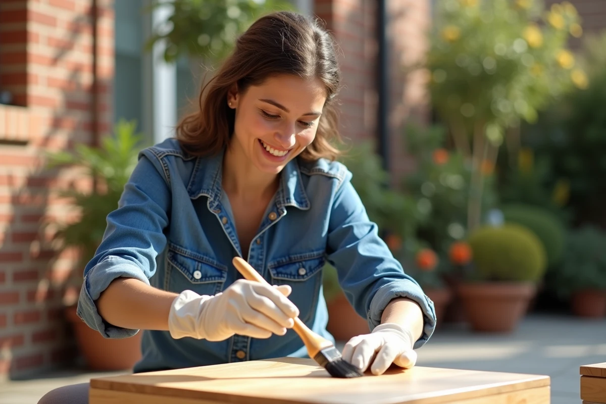 Femme souriante vernit une petite table en bois en extérieur