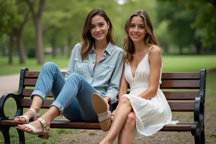 Deux femmes essayant des sandales dans un parc en été