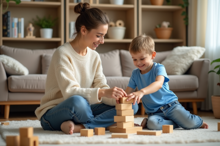 Fille et mère jouant avec des blocs en salon chaleureux