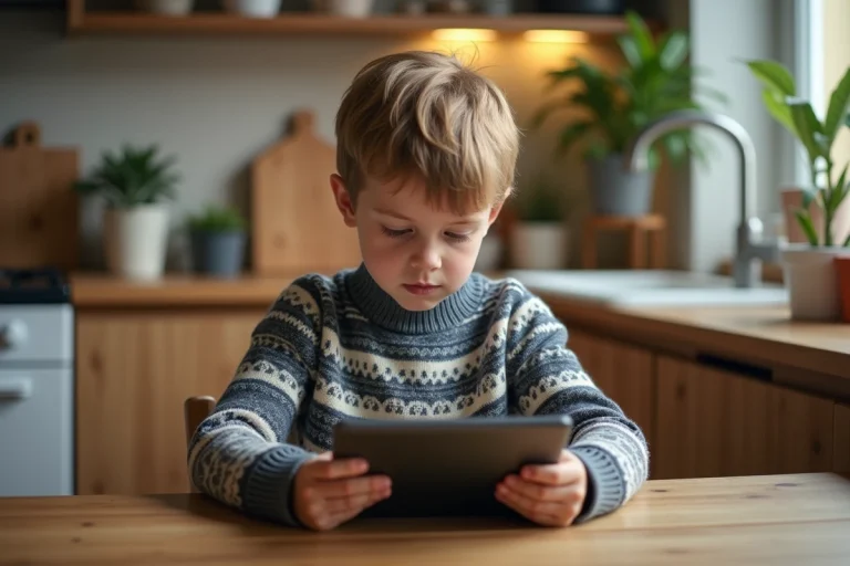 Jeune garçon de 10 ans utilisant une tablette dans la cuisine chaleureuse