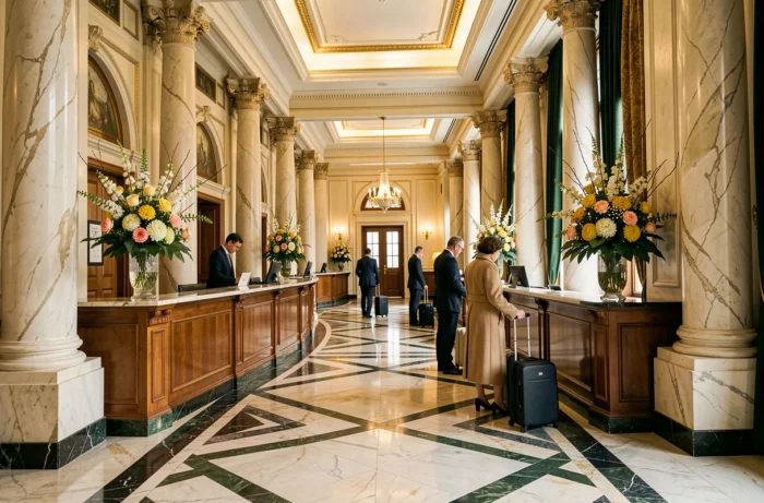 Hall majestueux de l'Hôtel Astoria avec sol en marbre et colonnes ornées, ambiance élégante d'un grand hôtel européen