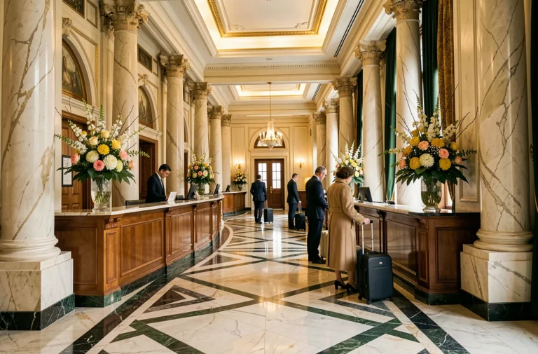 Hall majestueux de l'Hôtel Astoria avec sol en marbre et colonnes ornées, ambiance élégante d'un grand hôtel européen