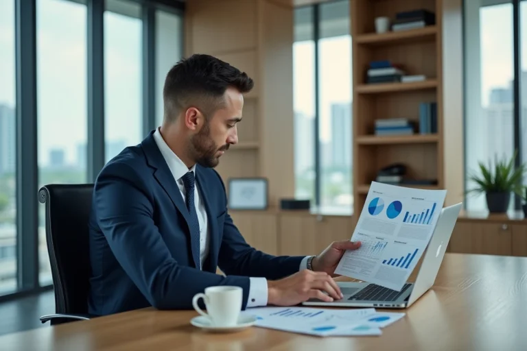 Homme d'affaires en costume marine analysant des graphiques financiers dans un bureau moderne avec vue sur la ville