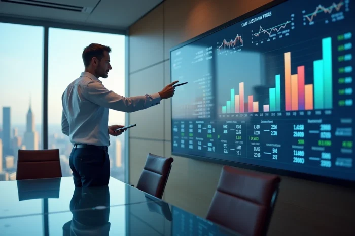 Homme d'affaires présentant des graphiques de performance financière dans une salle de réunion corporative
