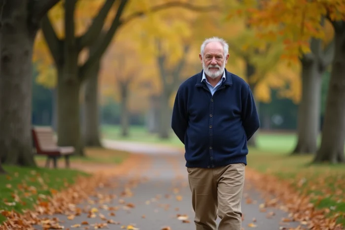Homme âgé se promenant seul dans un parc en automne, symbolisant l'autonomie et le bien-être à la retraite