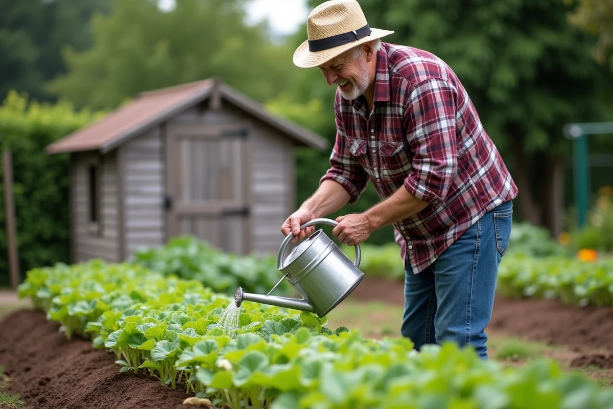 Homme âgé arrosant ses légumes dans le jardin