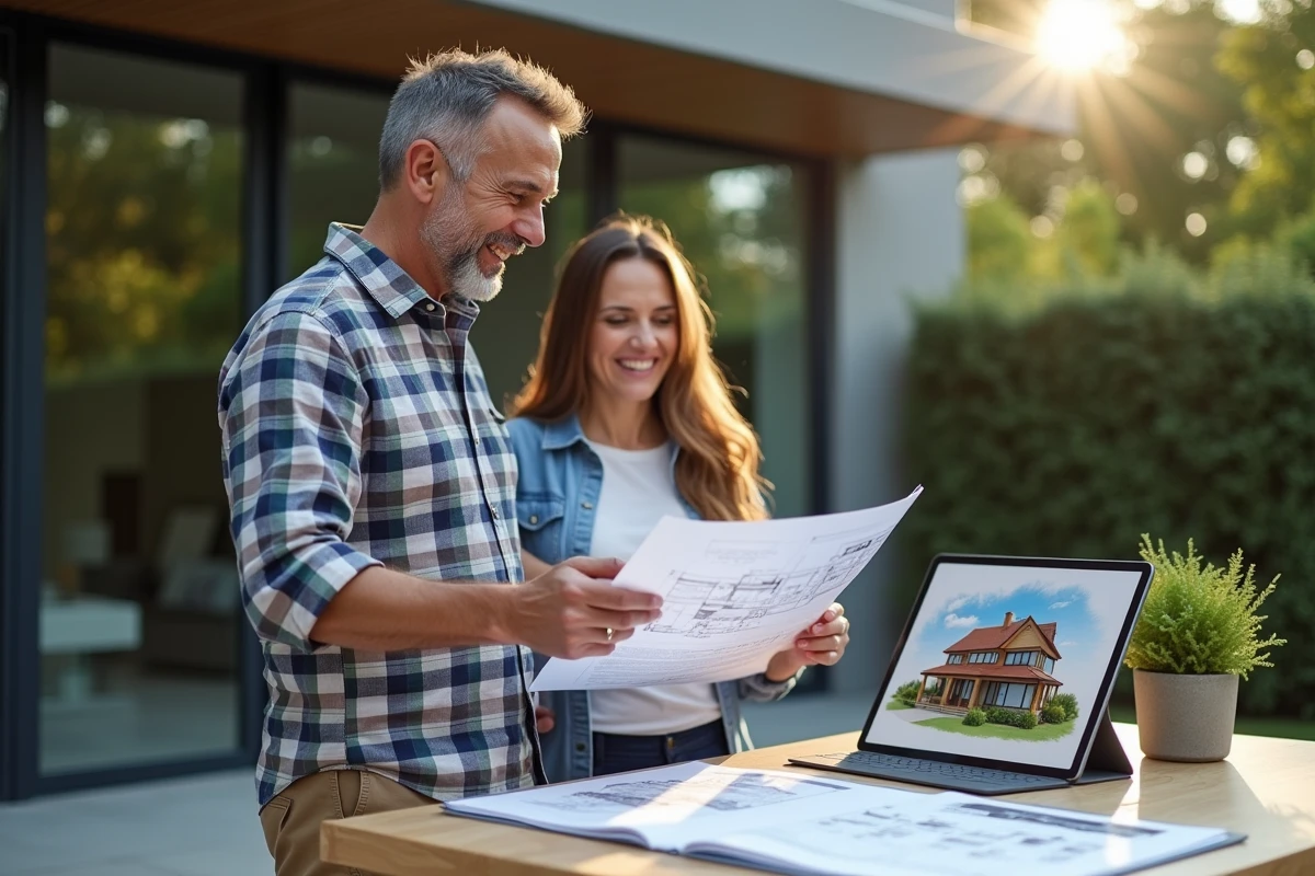 Homme discutant plans de maison avec femme sur patio urbain