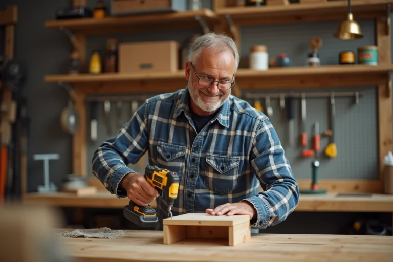 Homme d'âge moyen assemble une étagère en bois dans un atelier