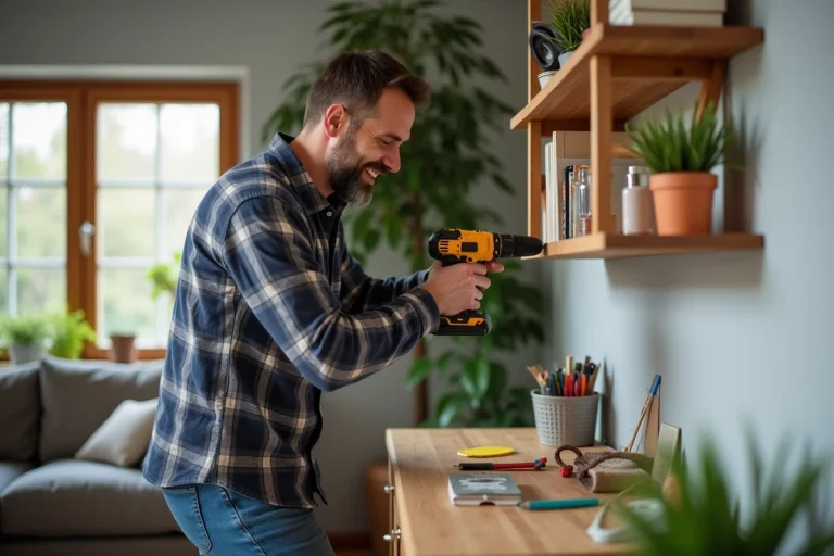 Homme souriant installant une étagère en bois dans son salon