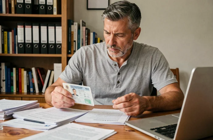 Homme comparant son permis de conduire à un document officiel sur un bureau, pour comprendre les informations administratives