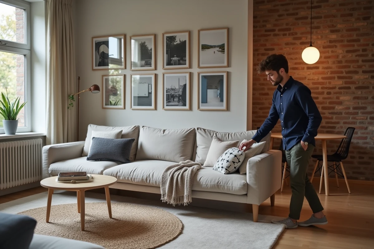 Jeune homme posant des coussins sur un canapé scandinave moderne