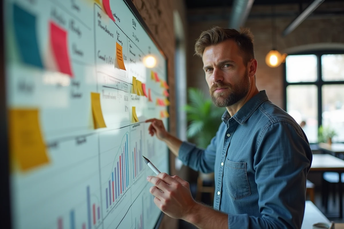 Homme concentré expliquant une idée lors d