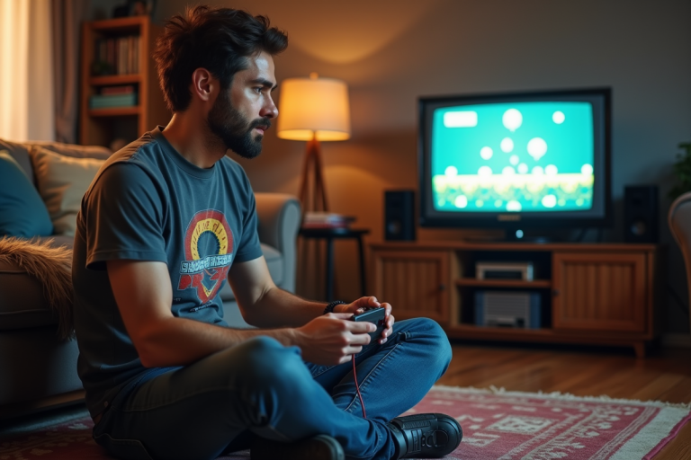 Homme jouant à un jeu rétro sur une vieille télévision