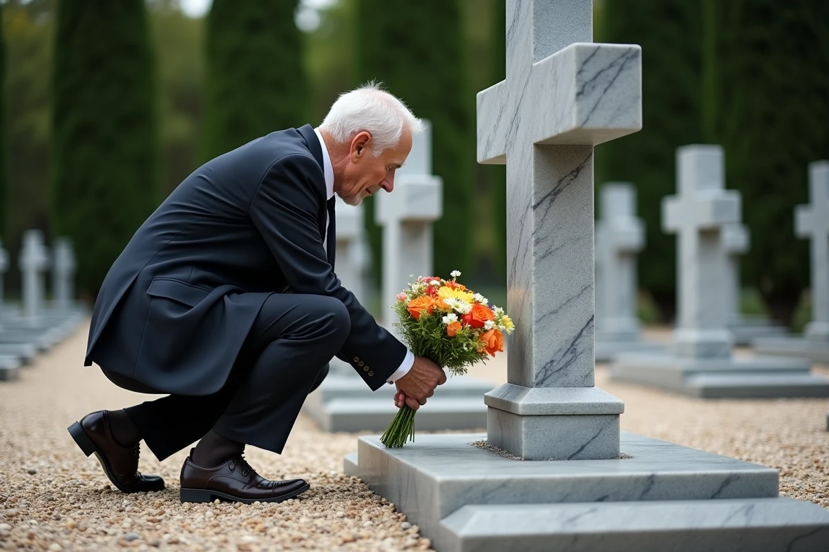 Homme âgé déposé des fleurs sur une tombe en plein air