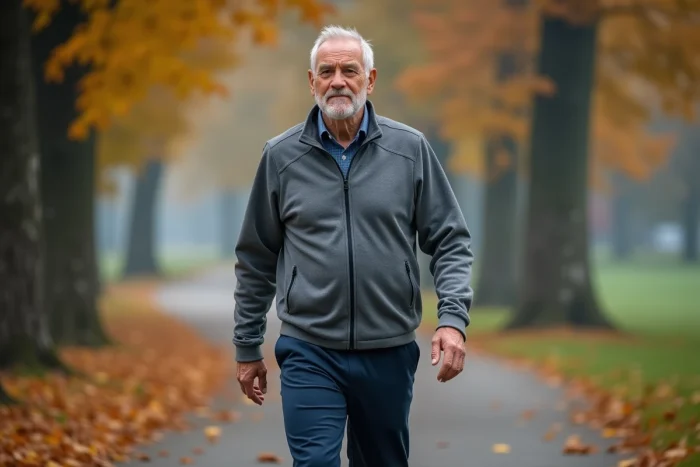 Homme retraité de 70 ans marchant sur un sentier en automne, symbolisant l'activité physique et la santé après 60 ans