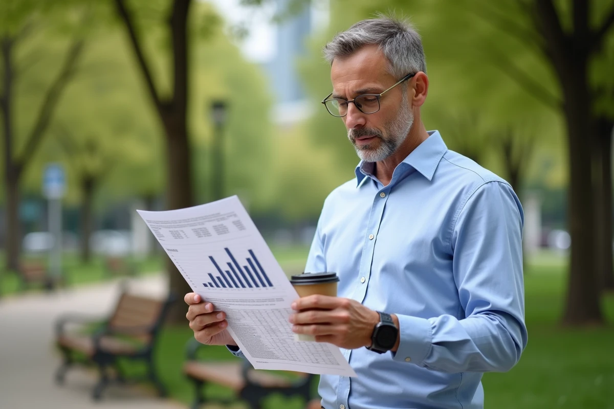 Homme d environ quarante ans lisant un rapport financier en plein air